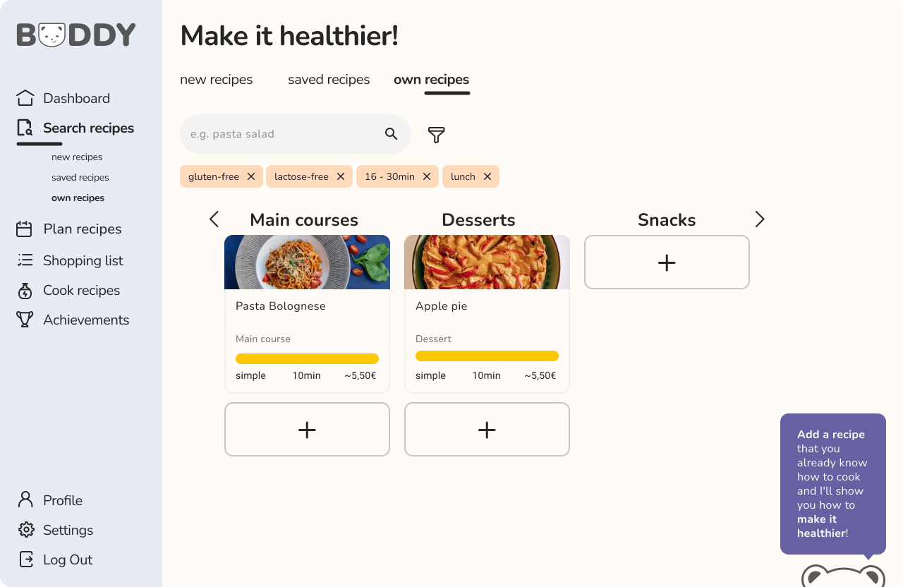 Screenshot showing how a student can make their meals healthier on the Buddy website