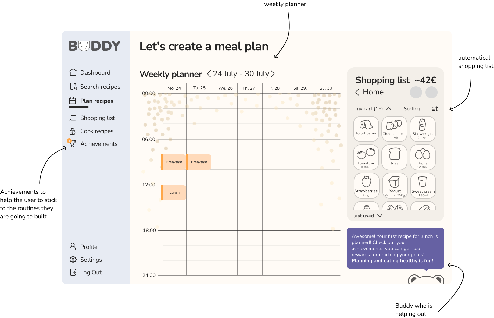 Screenshot showing how a student can plan their meals on the Buddy website