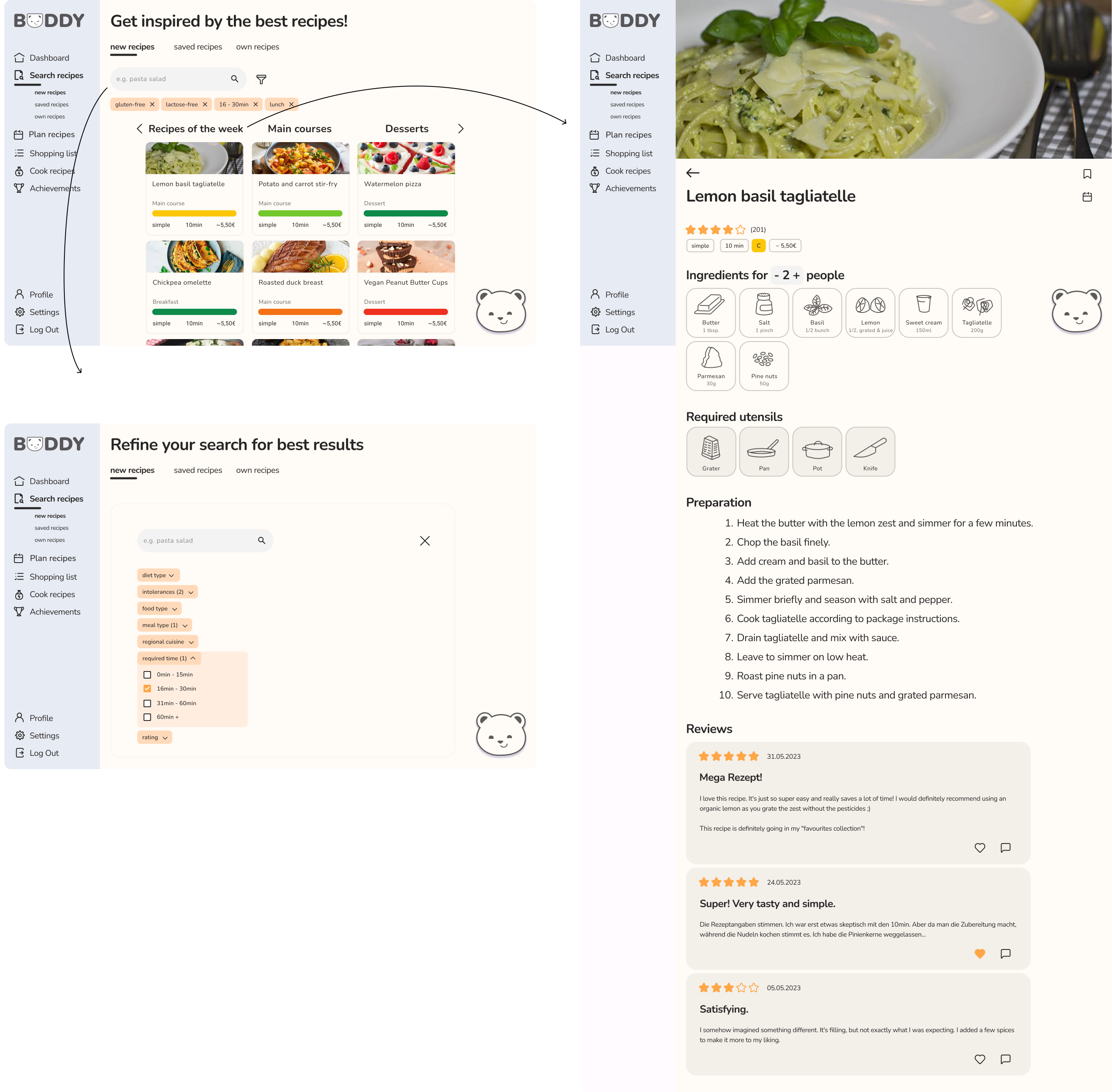 Screenshot showing how a student can search for recipes on the Buddy website