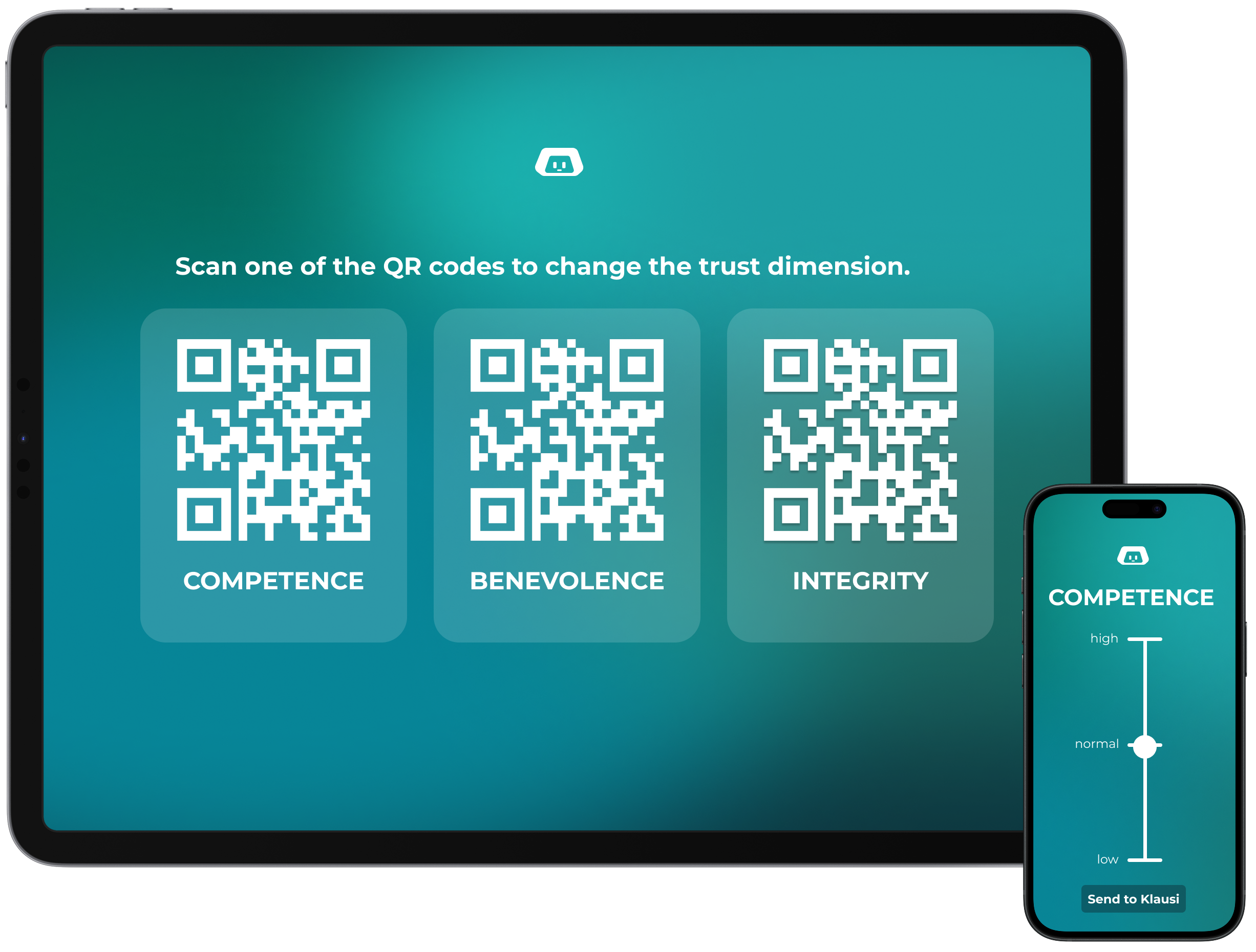 shows the interface to control the robot, including the QR codes and the iPad interface