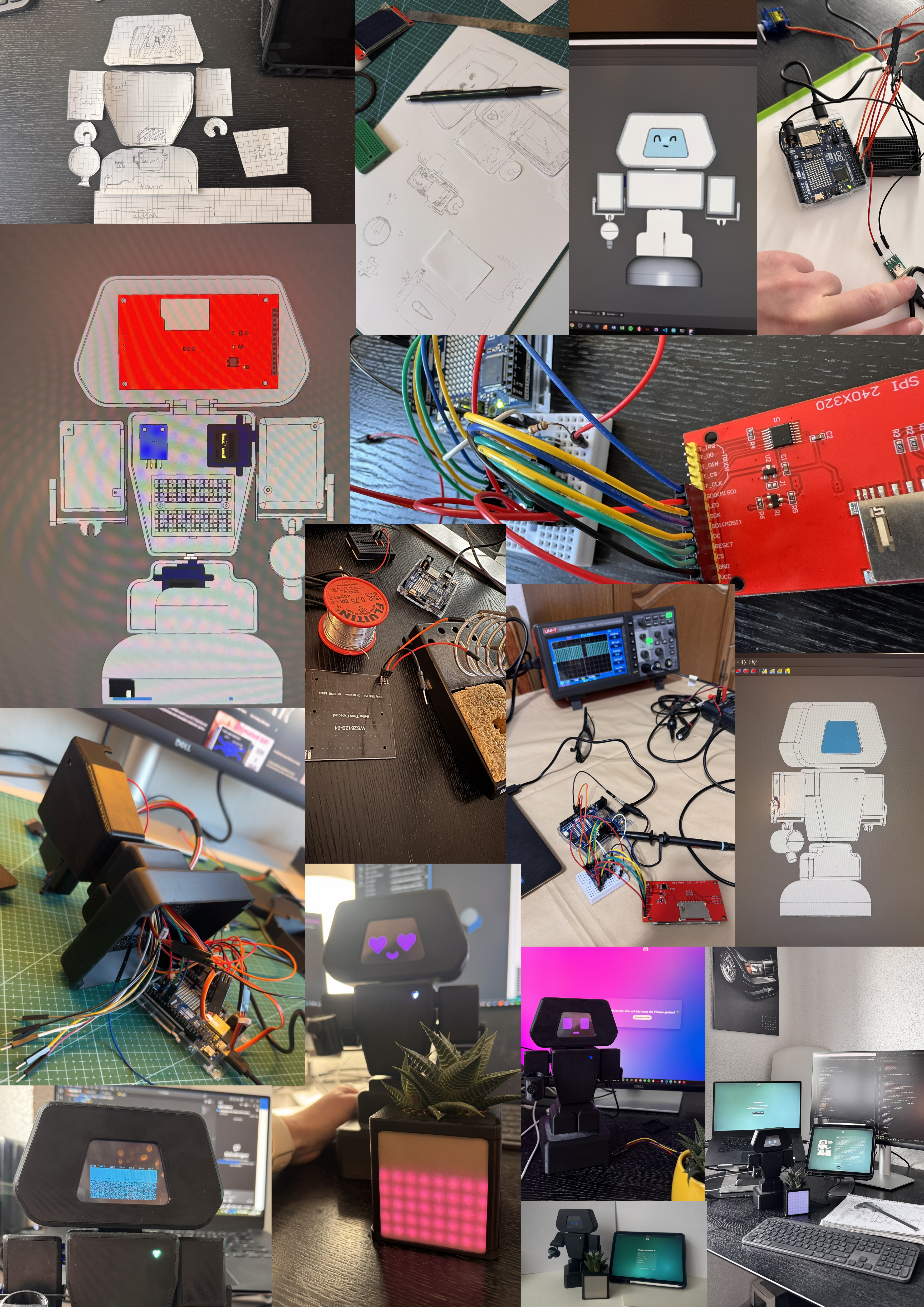 Shows the prototyping process, including CAD design, 3D printing, electronics and programming