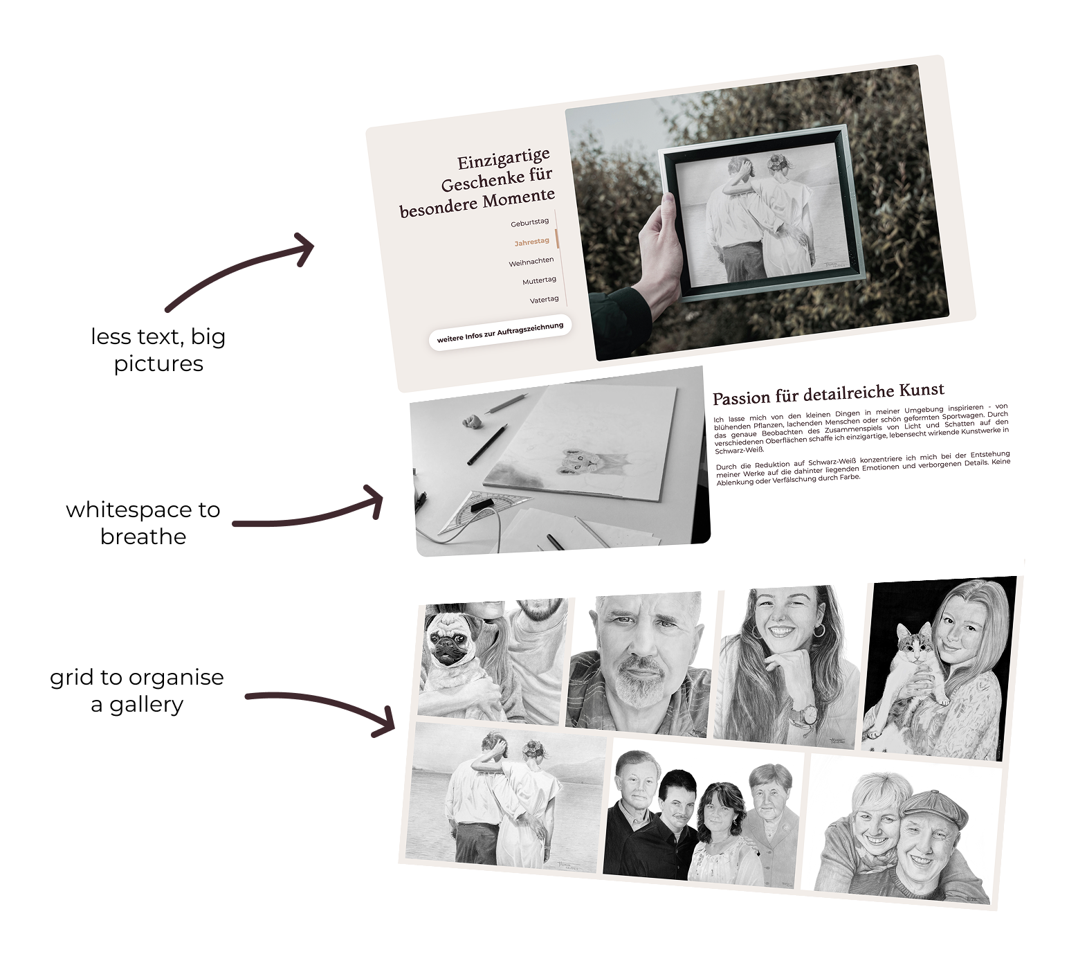 Screenshot of the website showing focus on artwork with large images and generous whitespace