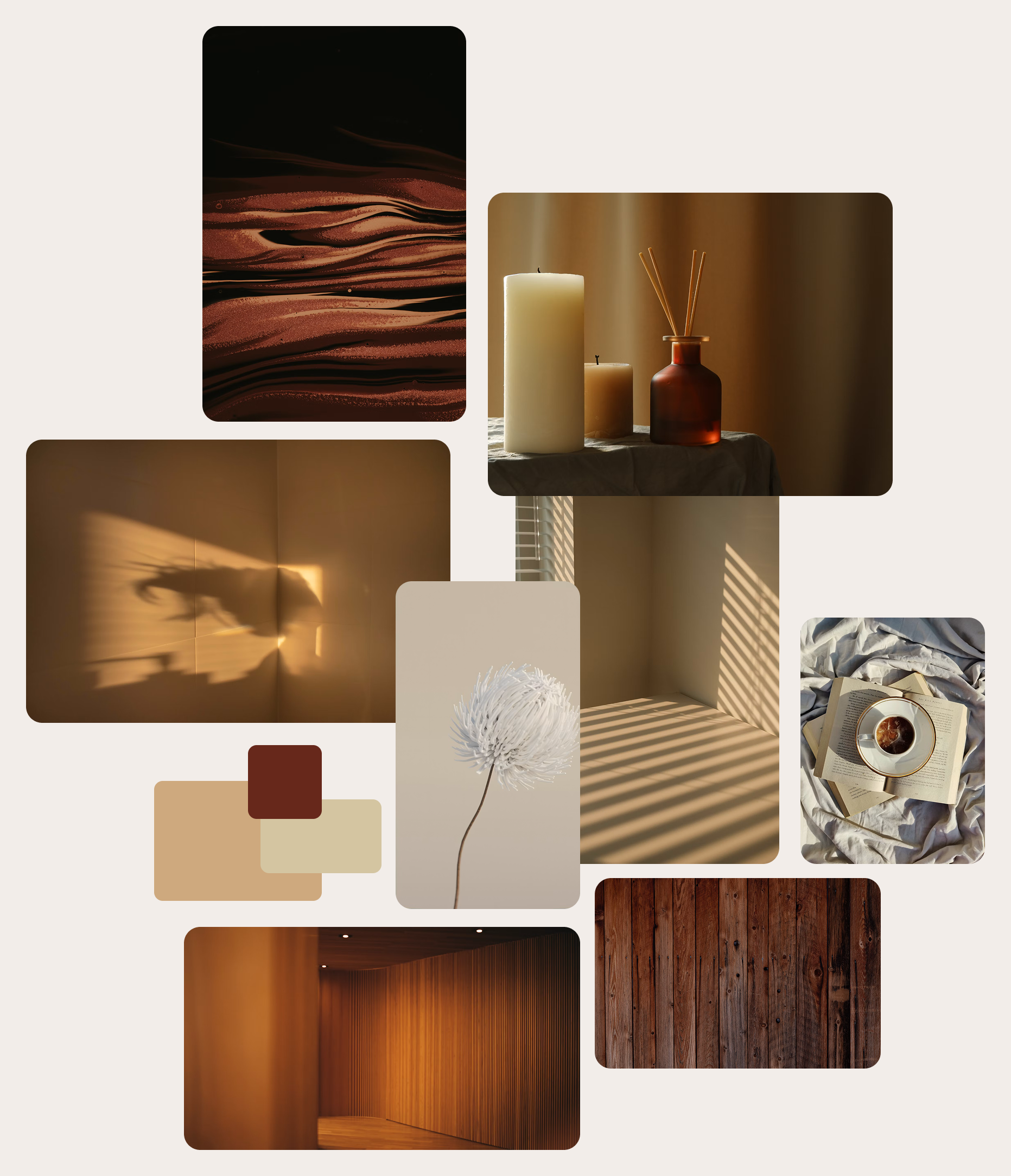 Moodboard showing natural textures, soft neutral tones, and minimalist aesthetics