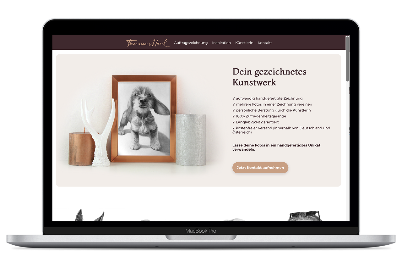 starting page of theresas artwork website showing a painting of a dog
